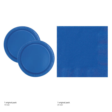 Royal Blue Solid Dinner Plates and Napkins Set for 16 Guests - included packs and quantities