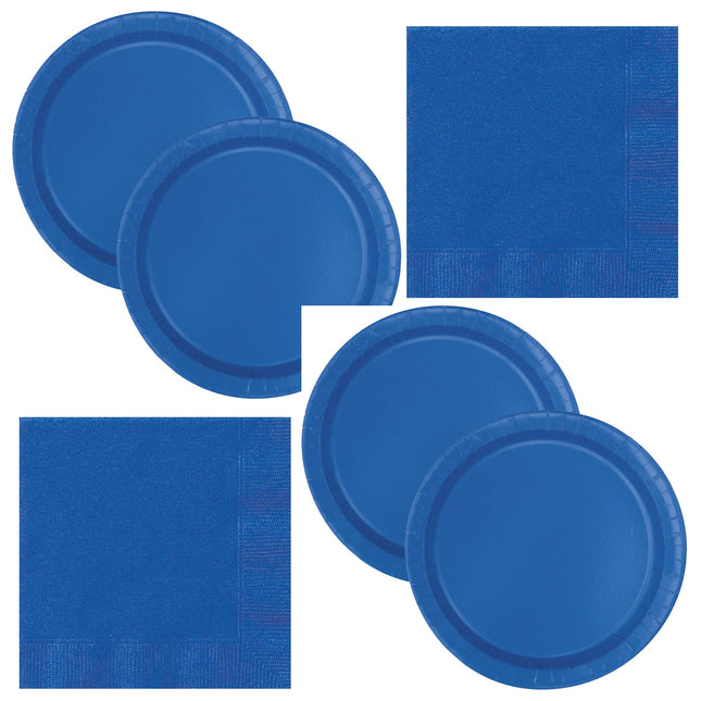 Royal Blue Solid Dinner Plates and Napkins Set for 16 Guests - set overview