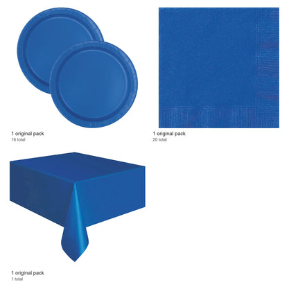 Royal Blue Solid Plates, Napkins and Tablecloth Set for 16 Guests - included packs and quantities