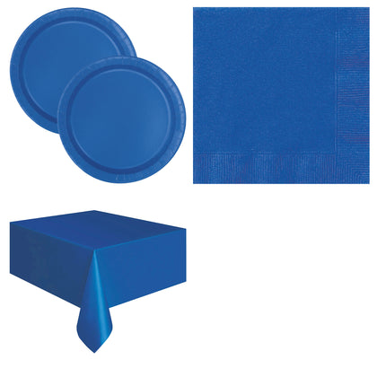 Royal Blue Solid Plates, Napkins and Tablecloth Set for 16 Guests - set overview