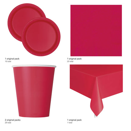 Ruby Red Solid Coordinated Party Supplies Set for 16 Guests - included packs and quantities