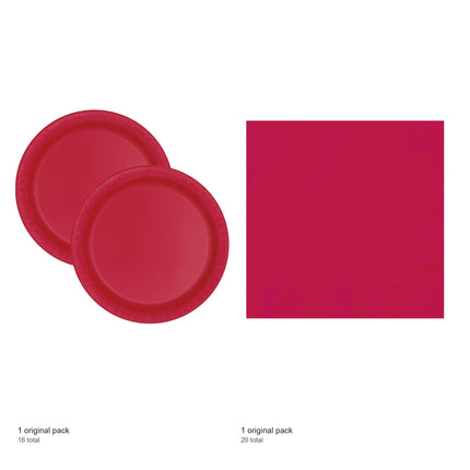 Ruby Red Solid Dinner Plates and Napkins Set for 16 Guests - included packs and quantities