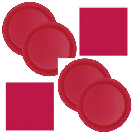 Ruby Red Solid Dinner Plates and Napkins Set for 32 Guests - set overview