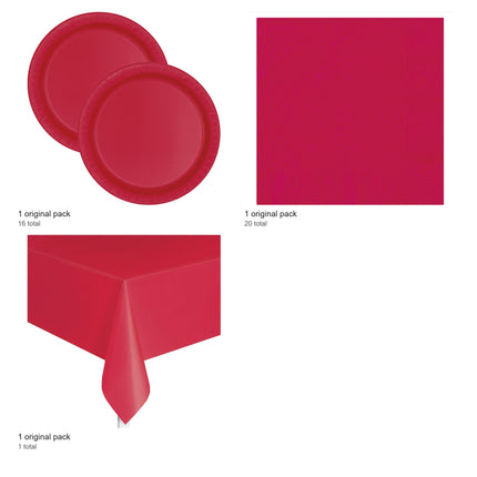 Ruby Red Solid Plates, Napkins and Tablecloth Set for 16 Guests - included packs and quantities