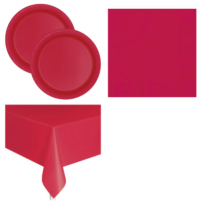 Ruby Red Solid Plates, Napkins and Tablecloth Set for 16 Guests - set overview