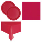 Ruby Red Solid Plates, Napkins and Tablecloth Set for 16 Guests - set overview