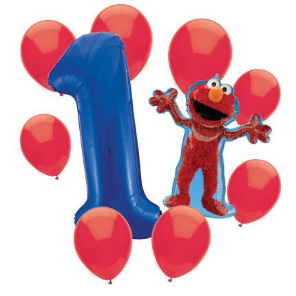 Sesame Street Elmo 1st birthday set main: number 1 foil, themed foil and 8 matching latex balloons