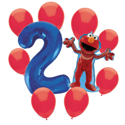Sesame Street Elmo 2nd birthday set main: number 2 foil, themed foil and 8 matching latex balloons