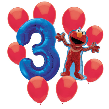 Sesame Street Elmo 3rd birthday set main: number 3 foil, themed foil and 8 matching latex balloons