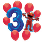 Sesame Street Elmo 3rd birthday set main: number 3 foil, themed foil and 8 matching latex balloons