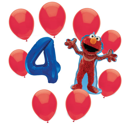 Sesame Street Elmo 4th birthday set main: number 4 foil, themed foil and 8 matching latex balloons