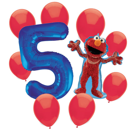 Sesame Street Elmo 5th birthday set main: number 5 foil, themed foil and 8 matching latex balloons