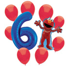 Sesame Street Elmo 6th birthday set main: number 6 foil, themed foil and 8 matching latex balloons