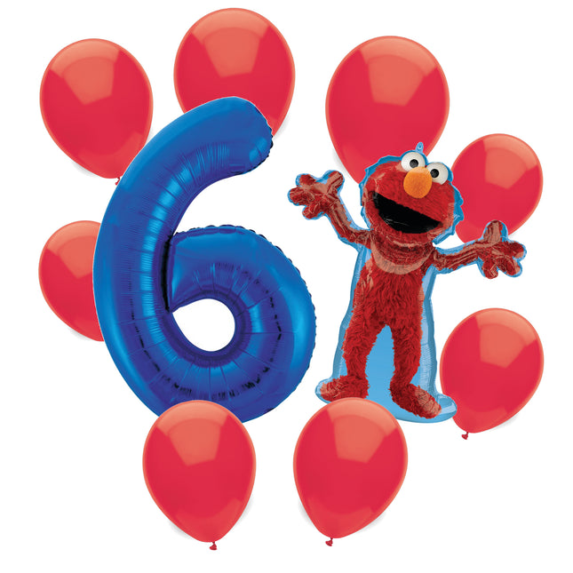 Sesame Street Elmo 6th birthday set main: number 6 foil, themed foil and 8 matching latex balloons