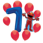 Sesame Street Elmo 7th birthday set main: number 7 foil, themed foil and 8 matching latex balloons