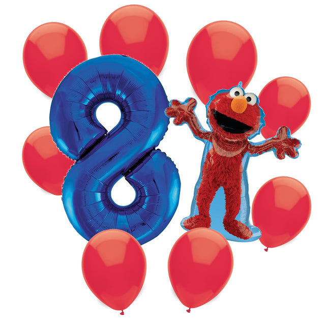 Sesame Street Elmo 8th birthday set main: number 8 foil, themed foil and 8 matching latex balloons
