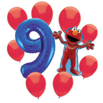 Sesame Street Elmo 9th birthday set main: number 9 foil, themed foil and 8 matching latex balloons