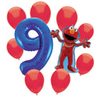 Sesame Street Elmo 9th birthday set main: number 9 foil, themed foil and 8 matching latex balloons