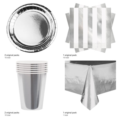 Silver Metallic Coordinated Party Supplies Set for 16 Guests - included packs and quantities