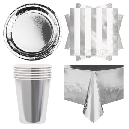 Silver Metallic Coordinated Party Supplies Set for 16 Guests - set overview