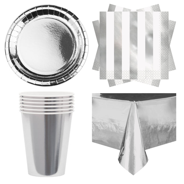 Silver Metallic Coordinated Party Supplies Set for 16 Guests - set overview