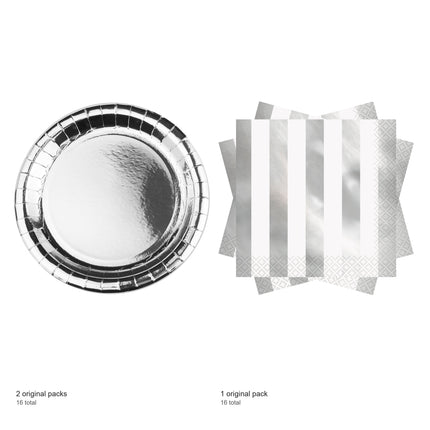 Silver Metallic Dinner Plates and Napkins Set for 16 Guests - included packs and quantities