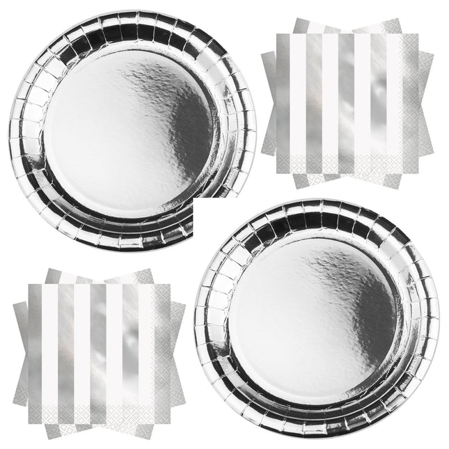 Silver Metallic Dinner Plates and Napkins Set for 32 Guests - set overview