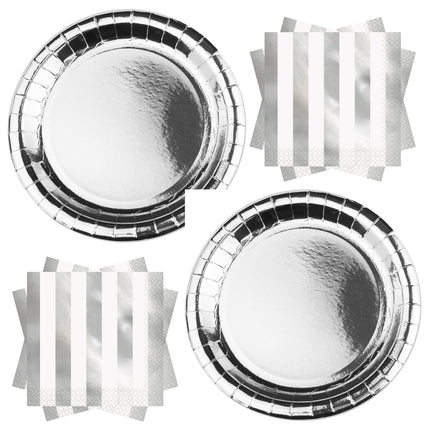 Silver Metallic Dinner Plates and Napkins Set for 16 Guests - set overview