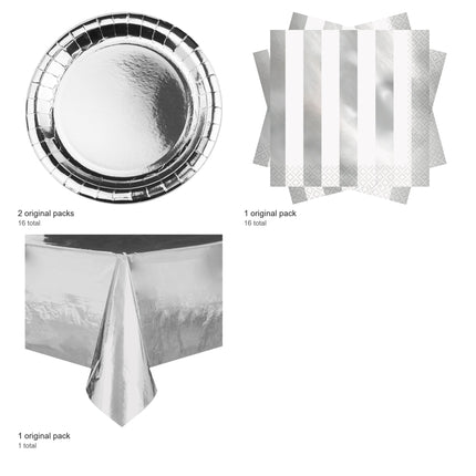 Silver Metallic Plates, Napkins and Tablecloth Set for 16 Guests - included packs and quantities