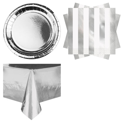 Silver Metallic Plates, Napkins and Tablecloth Set for 16 Guests - set overview