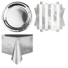 Silver Metallic Plates, Napkins and Tablecloth Set for 16 Guests - set overview