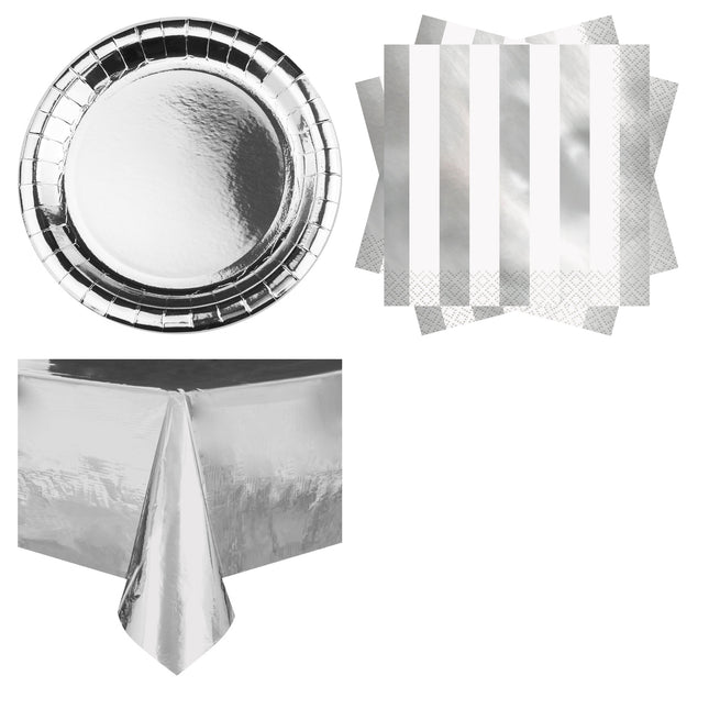 Silver Metallic Plates, Napkins and Tablecloth Set for 16 Guests - set overview