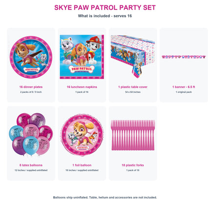 Skye PAW Patrol party set for 16 - included items, pack quantities and sizes