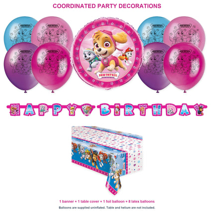 Skye PAW Patrol party set for 16 - banner, table cover, one foil and eight latex balloons