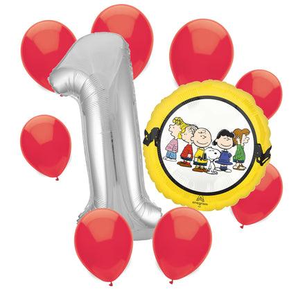 Snoopy 1st birthday set main: number 1 foil, themed foil and 8 matching latex balloons