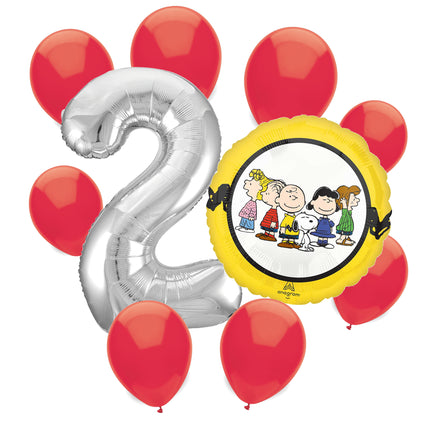 Snoopy 2nd birthday set main: number 2 foil, themed foil and 8 matching latex balloons
