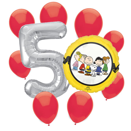 Snoopy 5th birthday set main: number 5 foil, themed foil and 8 matching latex balloons