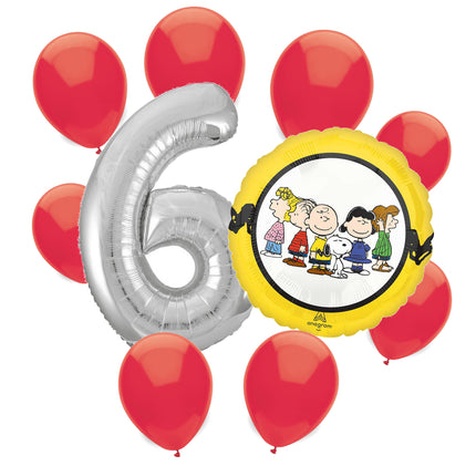 Snoopy 6th birthday set main: number 6 foil, themed foil and 8 matching latex balloons