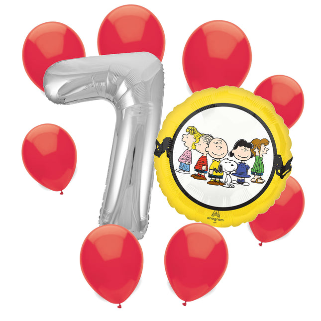 Snoopy 7th birthday set main: number 7 foil, themed foil and 8 matching latex balloons