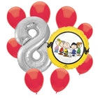 Snoopy 8th birthday set main: number 8 foil, themed foil and 8 matching latex balloons