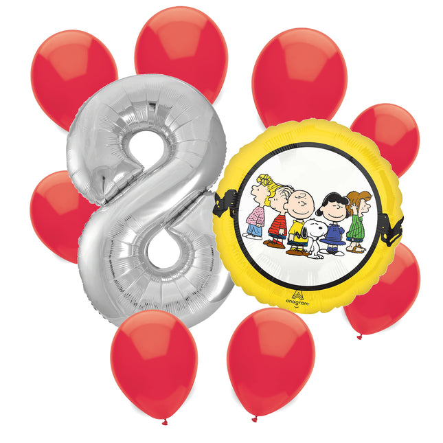 Snoopy 8th birthday set main: number 8 foil, themed foil and 8 matching latex balloons