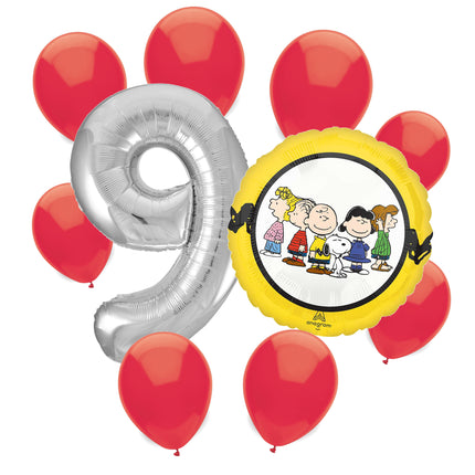 Snoopy 9th birthday set main: number 9 foil, themed foil and 8 matching latex balloons