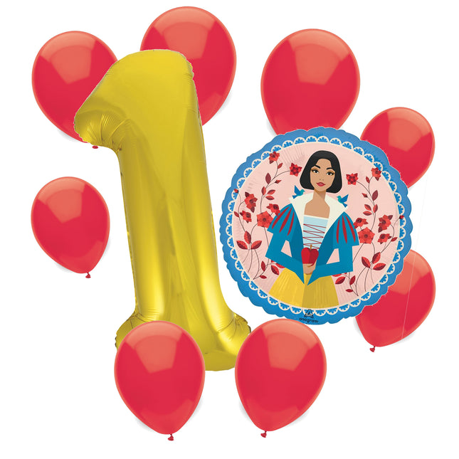 Snow White 1st birthday set main: number 1 foil, themed foil and 8 matching latex balloons