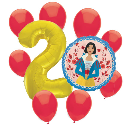 Snow White 2nd birthday set main: number 2 foil, themed foil and 8 matching latex balloons