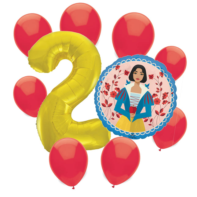 Snow White 2nd birthday set main: number 2 foil, themed foil and 8 matching latex balloons