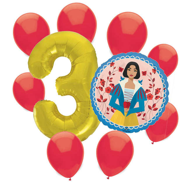 Snow White 3rd birthday set main: number 3 foil, themed foil and 8 matching latex balloons