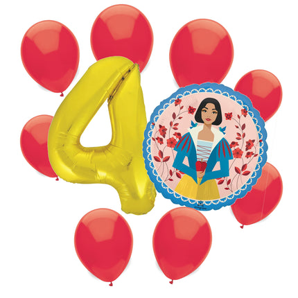 Snow White 4th birthday set main: number 4 foil, themed foil and 8 matching latex balloons