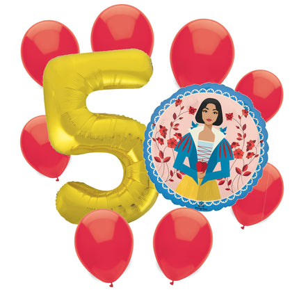 Snow White 5th birthday set main: number 5 foil, themed foil and 8 matching latex balloons