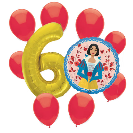 Snow White 6th birthday set main: number 6 foil, themed foil and 8 matching latex balloons
