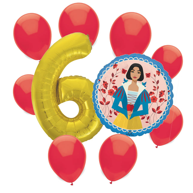 Snow White 6th birthday set main: number 6 foil, themed foil and 8 matching latex balloons